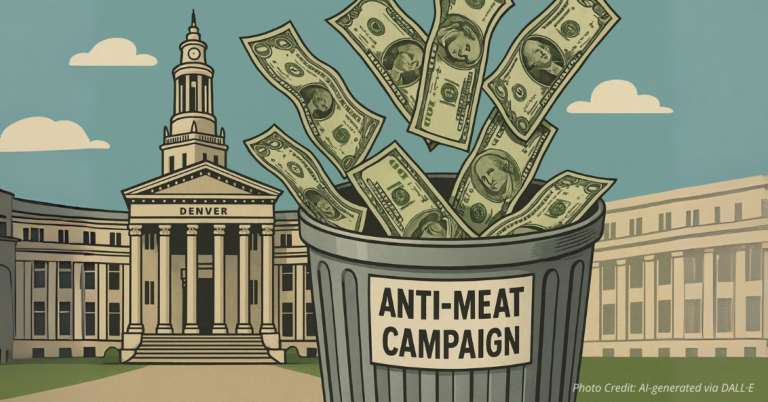 Cash falling into trash labeled anti-meat campaign