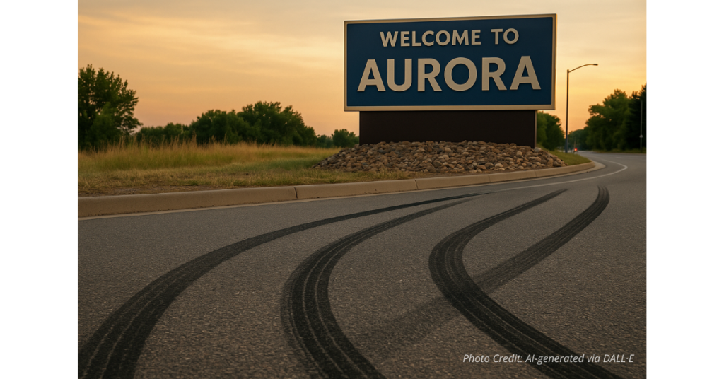 Skid marks on road near Aurora welcome sign