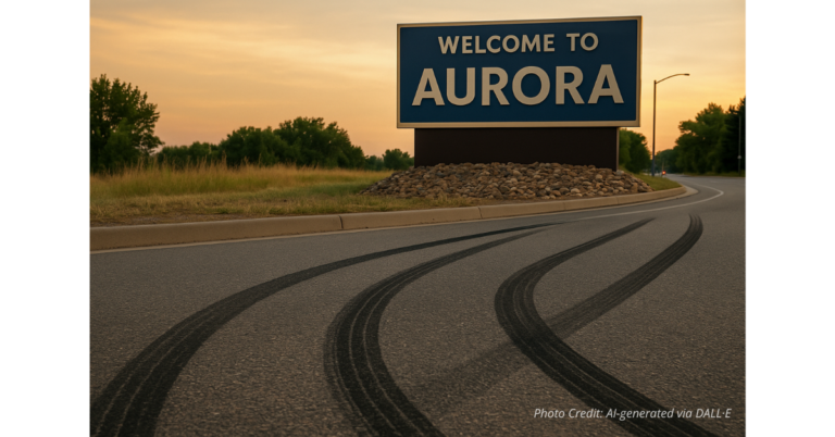 Skid marks on road near Aurora welcome sign