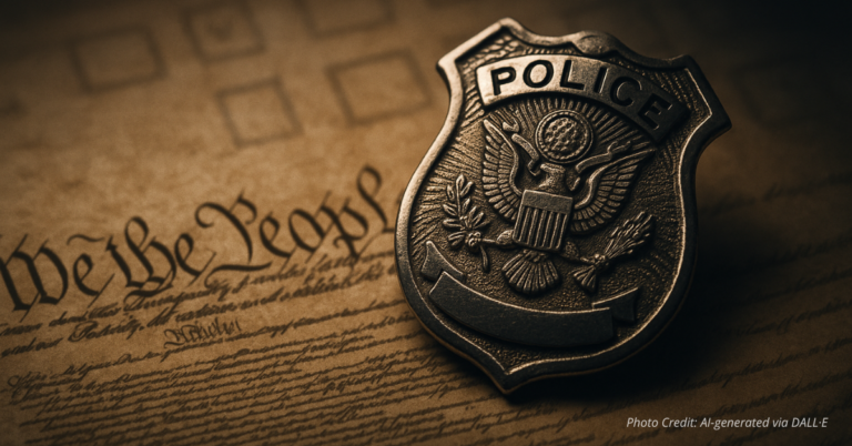 Police badge on the Constitution with faint ballots behind it