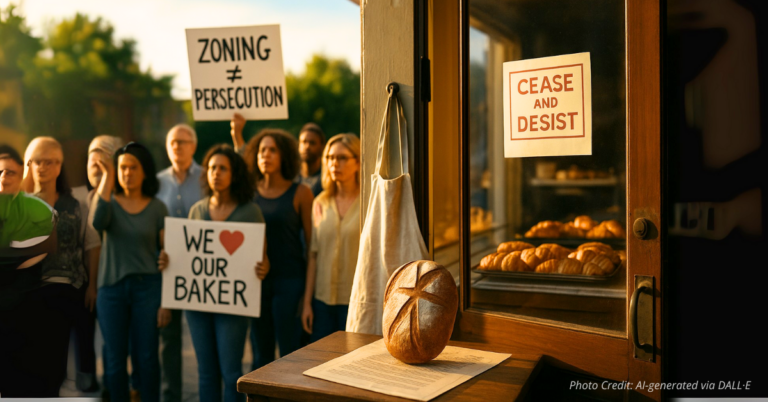 People hold signs supporting bakery outside storefront.