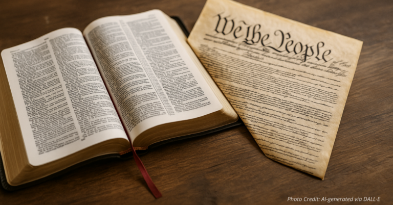 Open Bible beside the U.S. Constitution, highlighting religious liberty and speech