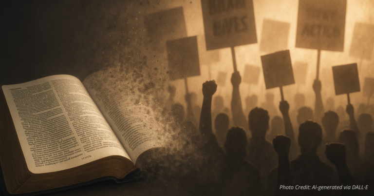 Bible fading into protest signs, faith replaced by ideology