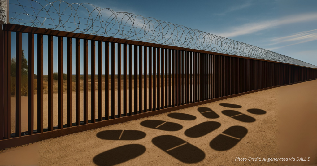 Border fence with pills symbolizing fentanyl smuggling crisis