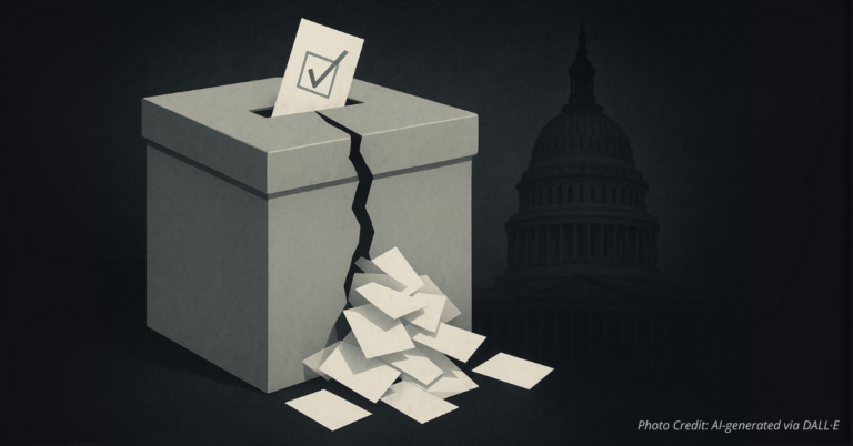 Broken ballot box with Capitol backdrop, symbolizing election system failure