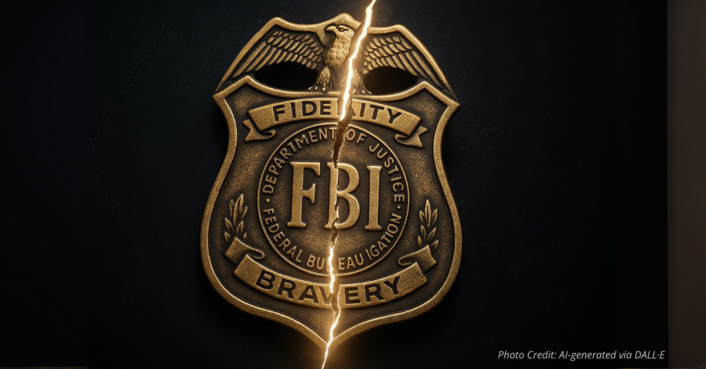 Cracked FBI badge symbolizing broken trust and hypocrisy