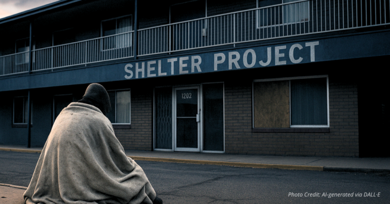 Homeless person outside closed hotel meant to be a shelter.