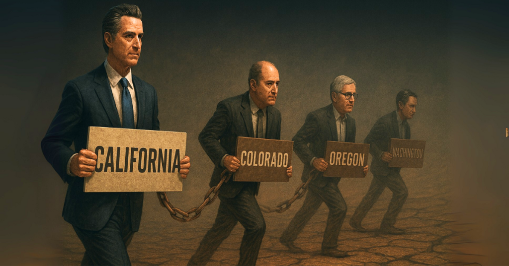 California dragging Colorado, Oregon, and Washington with chains as symbolic political allegory