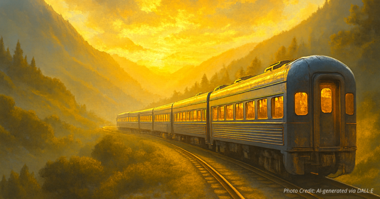 Train traveling through California mountains at dusk