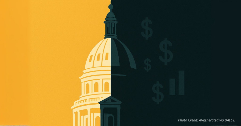 Colorado Capitol dome half in shadow with hidden dollar symbols