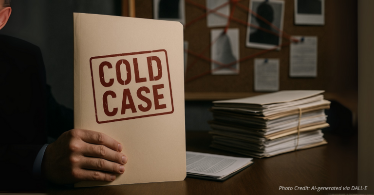Cold case file with hand and DNA screen in background