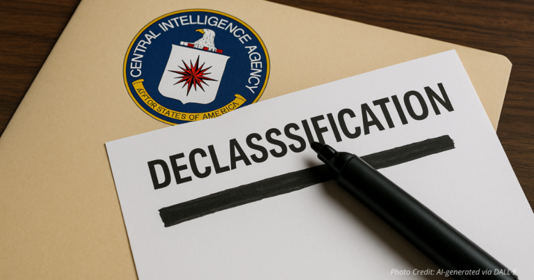 CIA folder and marker drawing a black bar across declassification page