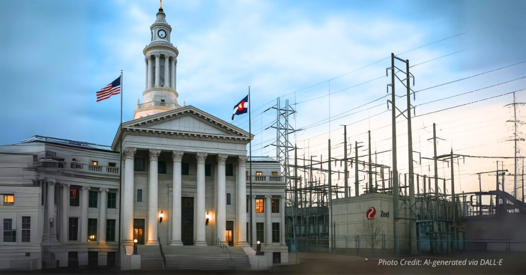 Denver municipal building looms over Xcel substation, symbolizing city authority.