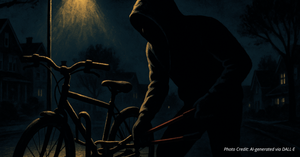 Shadowy thief cutting bike lock at night in Colorado neighborhood
