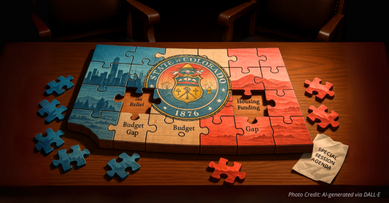 Colorado-shaped puzzle with missing pieces showing budget charts.