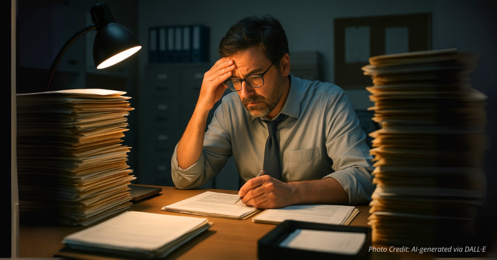 Overworked employee at desk with stacks of paperwork
