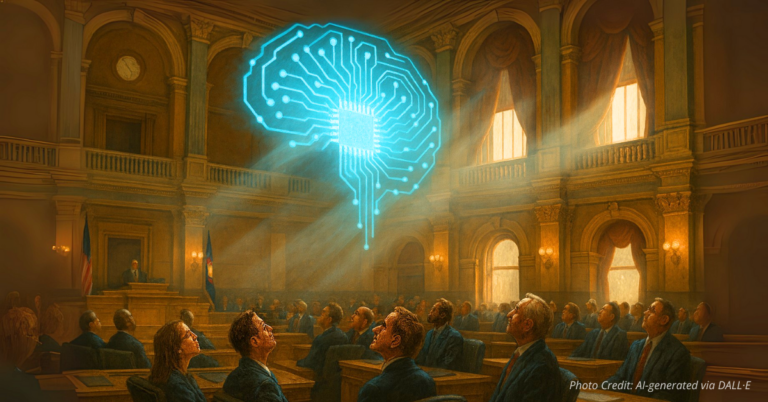 Lawmakers in Colorado House chamber look up at glowing AI hologram