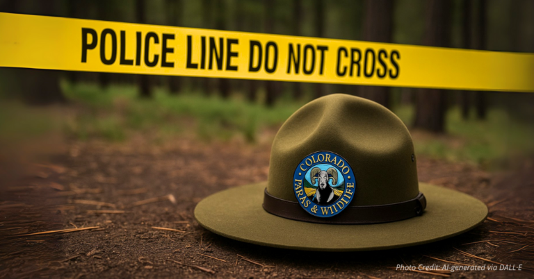 Park ranger hat behind police tape in wooded area