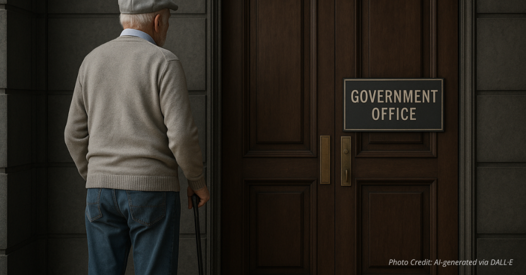 Elderly man with cane facing a closed government office door
