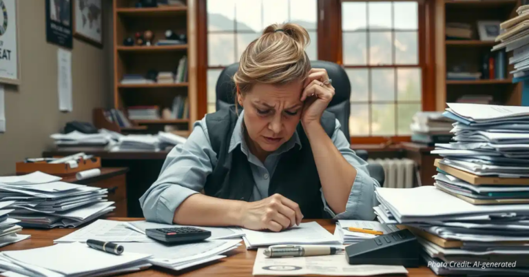 Stressed business owner with tax paperwork