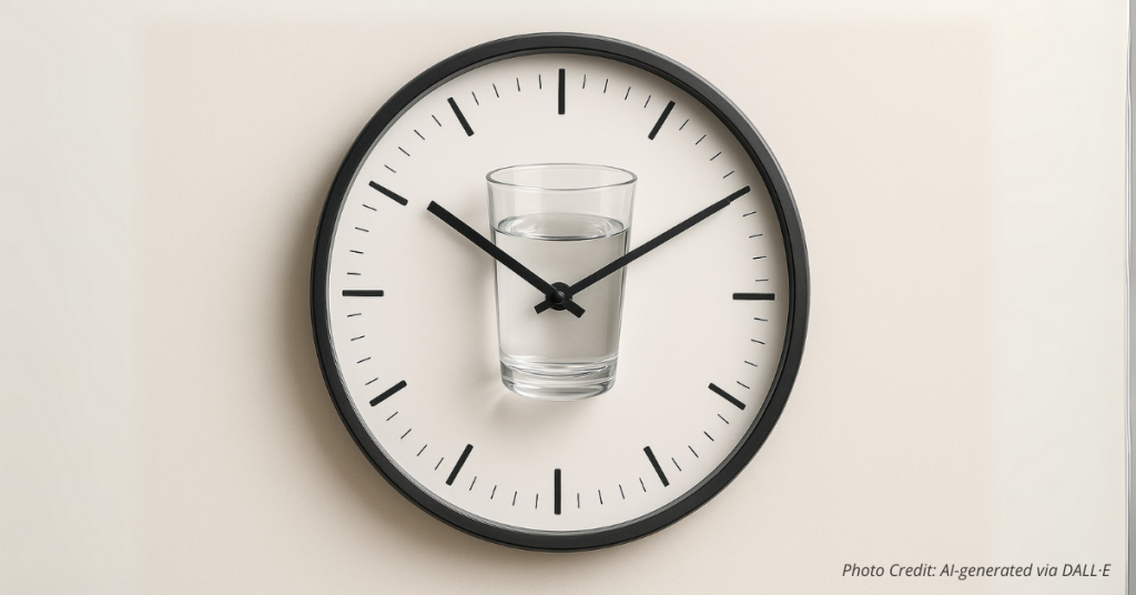 Clock with water glass symbolizing time for change in alcohol habits