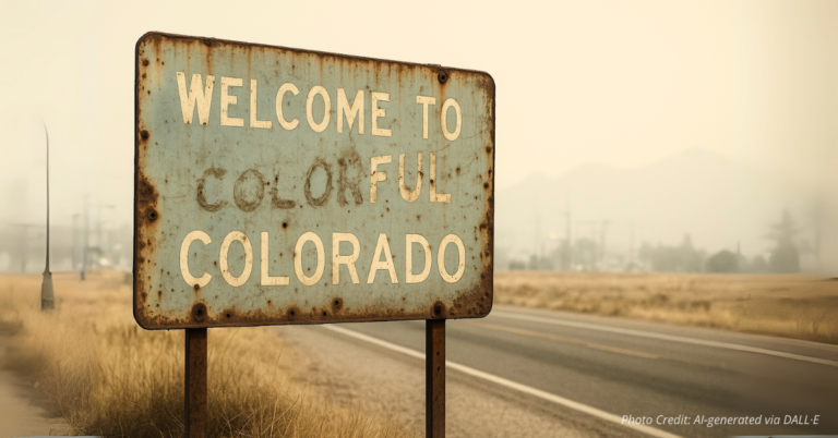 Faded cracked Colorado welcome sign in front of mountains