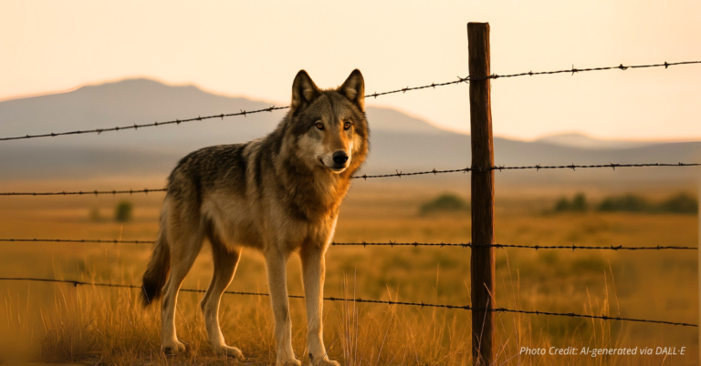 Wolf near ranch fence at dusk symbolizing reintroduction debate