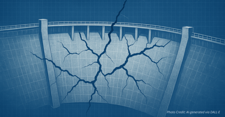 Cracked dam blueprint symbolizing broken planning and rising costs