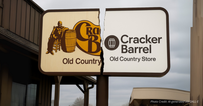Cracker Barrel sign split showing failed rebrand metaphor for Democrats