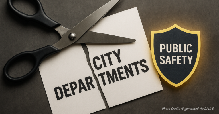 Scissors cut city departments while public safety shield remains