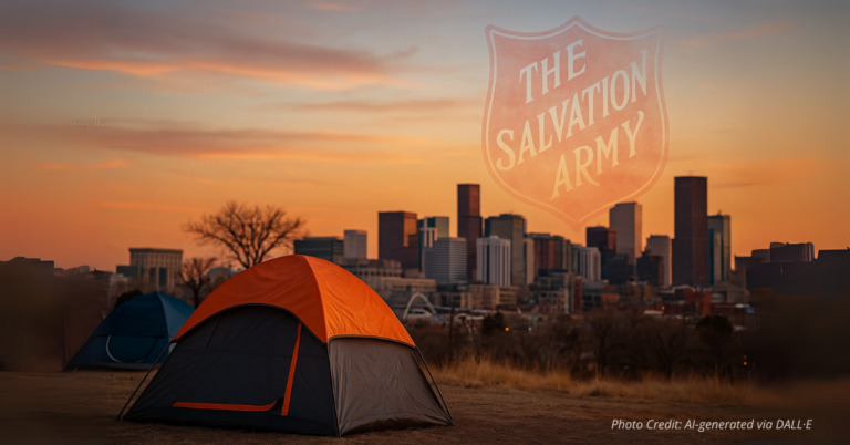 Denver skyline with homeless tent and Salvation Army logo faded
