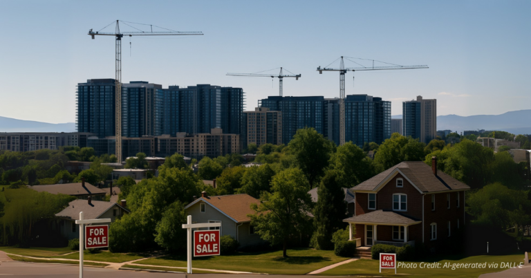 Denver skyline with cranes and yard posts symbolizing rising inventory and a cooling market