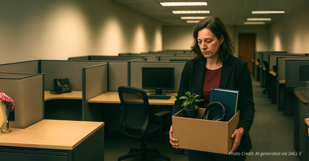 Empty cubicles and women leaving symbolize Denver layoffs
