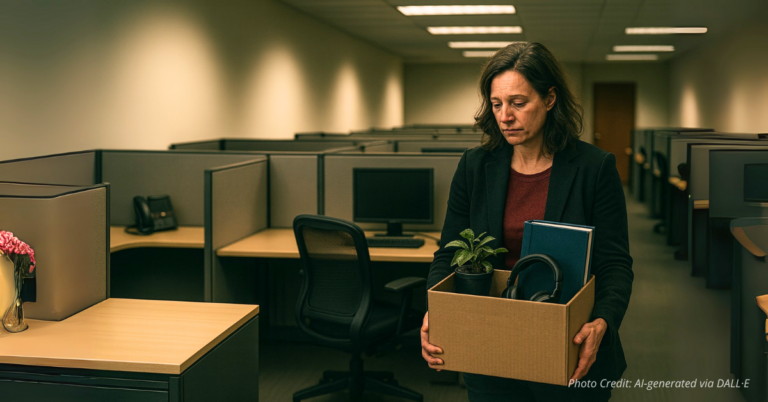 Empty cubicles and women leaving symbolize Denver layoffs