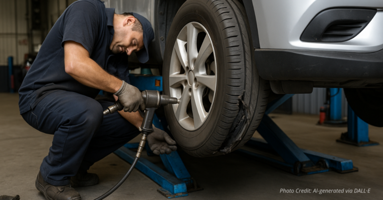 Mechanic repairing tire symbolizing cost burden from vandalism