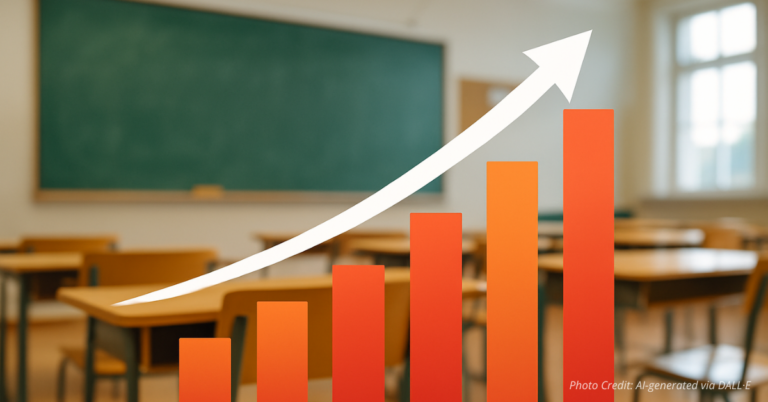 Rising bar graph in classroom symbolizing academic gains