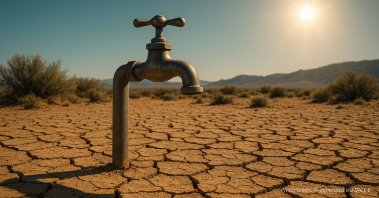 Dry faucet over cracked desert soil symbolizing San Luis water crisis