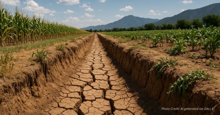 Empty irrigation ditch in Colorado farmland under blue sky