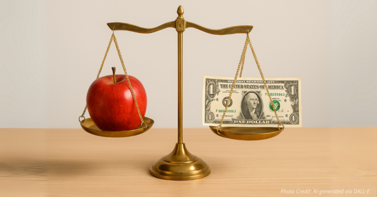 Balance scales with apple and dollar bill symbolizing teacher pay and taxpayer costs