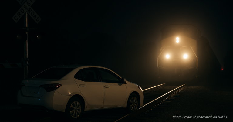 Empty car on train tracks with approaching train headlights