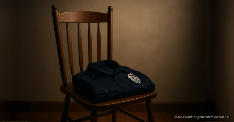Empty chair with police uniform and badge symbolizing absence and legacy