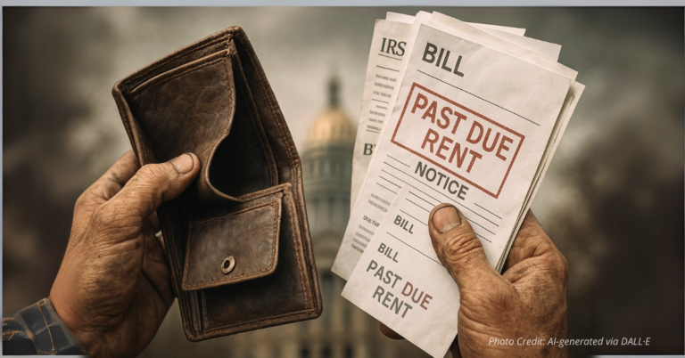 Empty wallet and bills before blurred capitol, theme of financial stress and mistrust