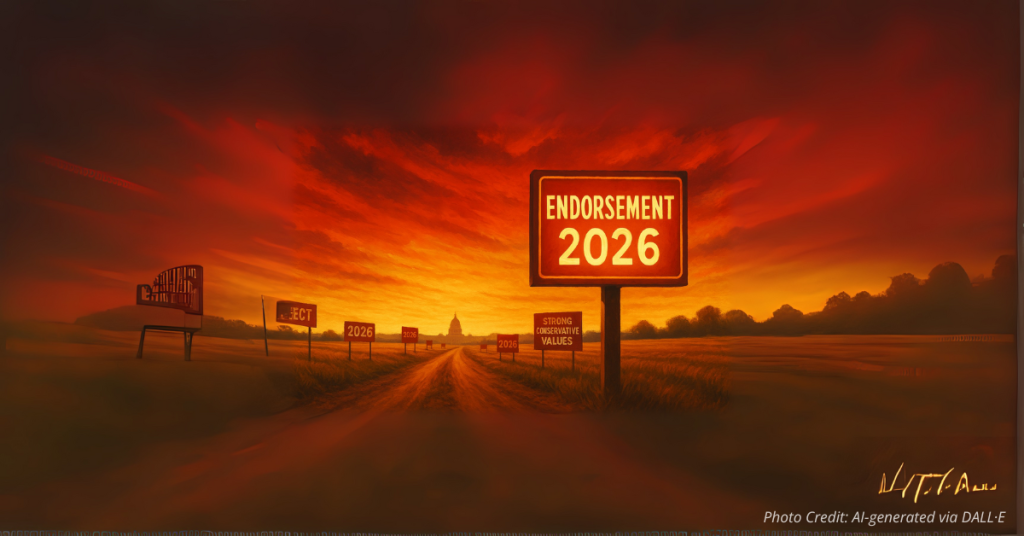 Glowing 2026 endorsement sign lights path toward Capitol