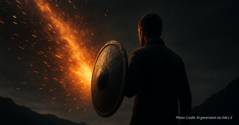 Person with shield standing against fire and light, symbolizing bold trust under pressure