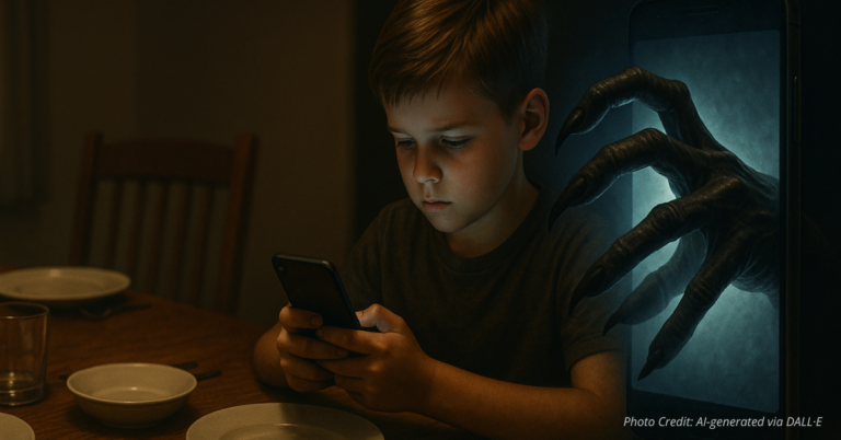 Predator hand reaching child’s phone at empty family table