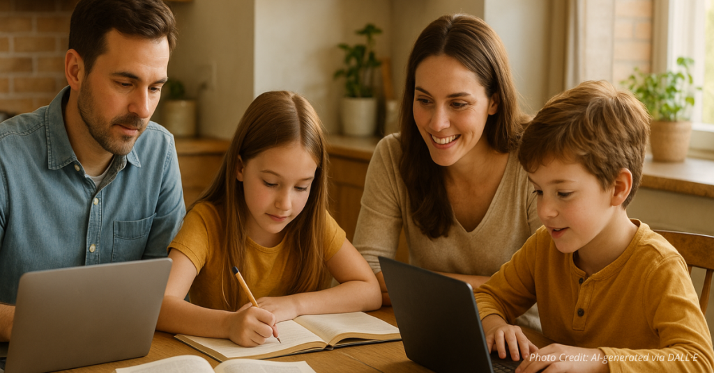 Parents and children studying together at home, symbolizing school choice