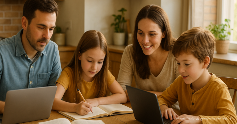 Parents and children studying together at home, symbolizing school choice