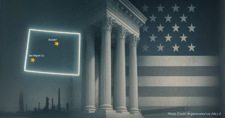 Colorado vs federal authority with refinery silhouette and Supreme Court columns
