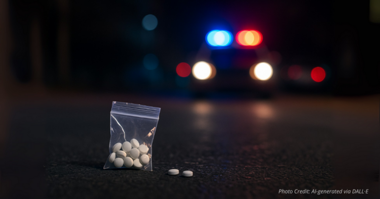 Fentanyl pills with blurred police lights in background highlight community threat