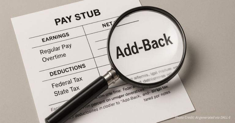 Magnified fine print on a paycheck reading Add-Back